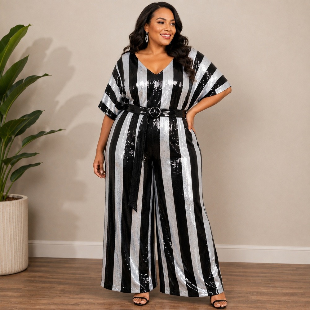 Ashro Sequin Jumpsuit Black White 2X Striped Wide Leg Belted Glam Formal